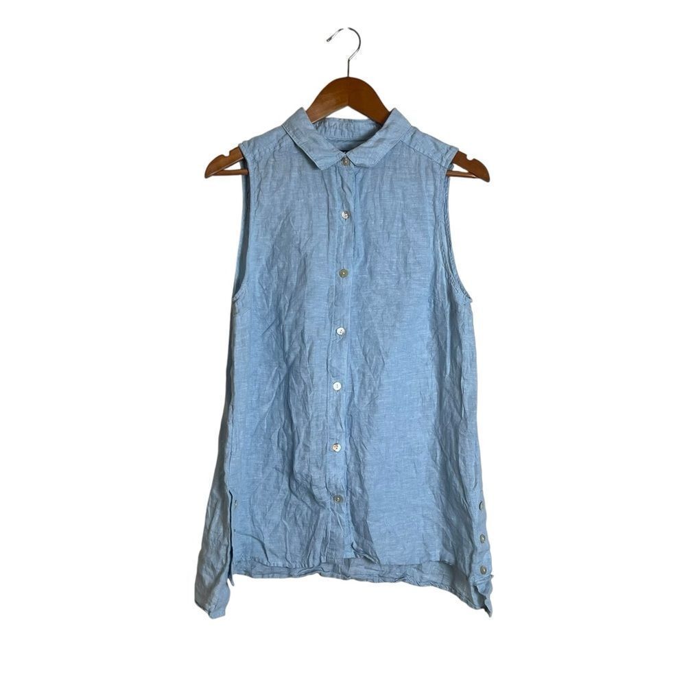 Jones New York 100% linen blue button tank